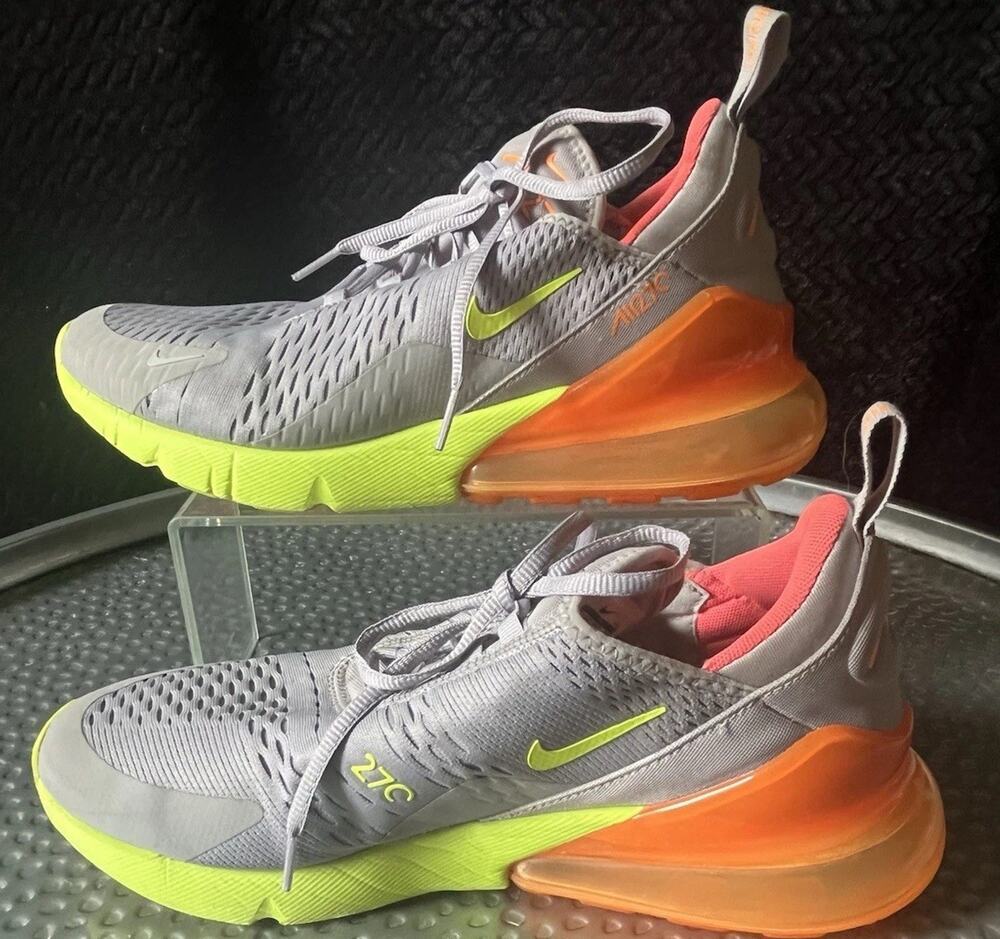 Men's Nike Air Max 270 Gray Orange Neon Athletic Sneaker Size 9.5